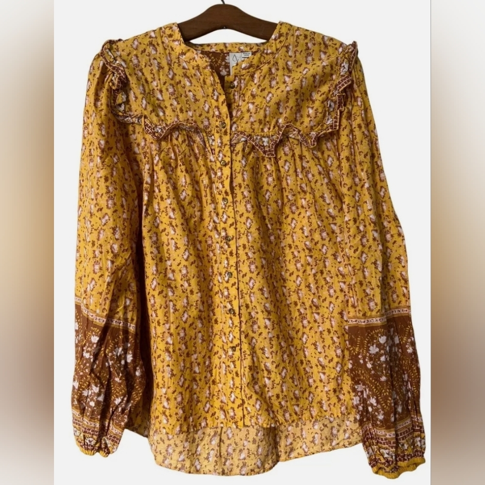 JOIE Ruffle Puffed Sleeve Floral Yellow Blouse (L)